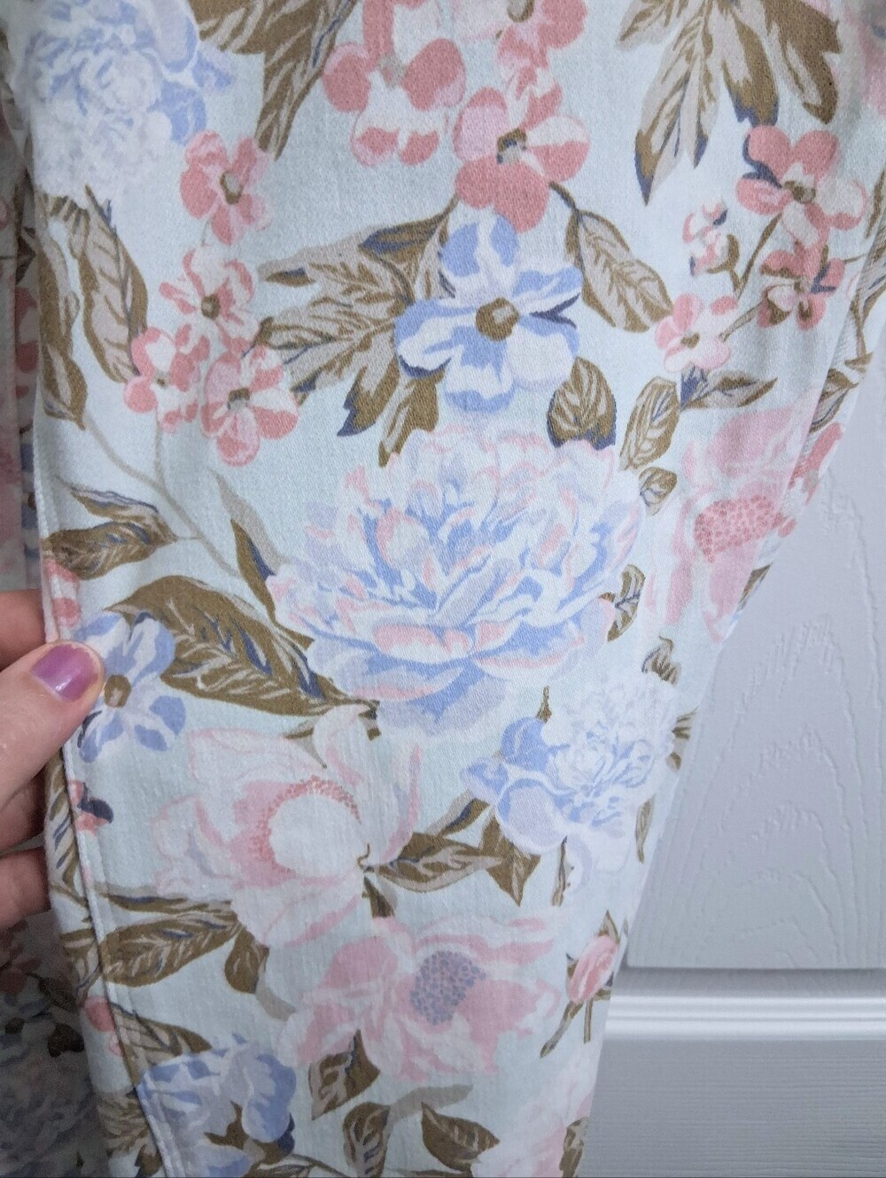 Mixit Floral Stretch Pants Pastel Flowers On White Pink Blue Botanical XL - Picture 10 of 16